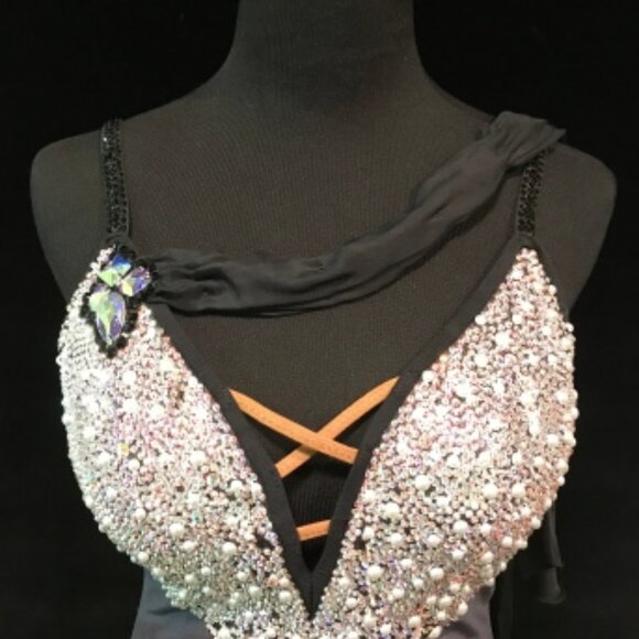 Black Swan - Ballroom Smooth Gown Black Velvet with Swarovski & Pearls - Picture 1 of 9